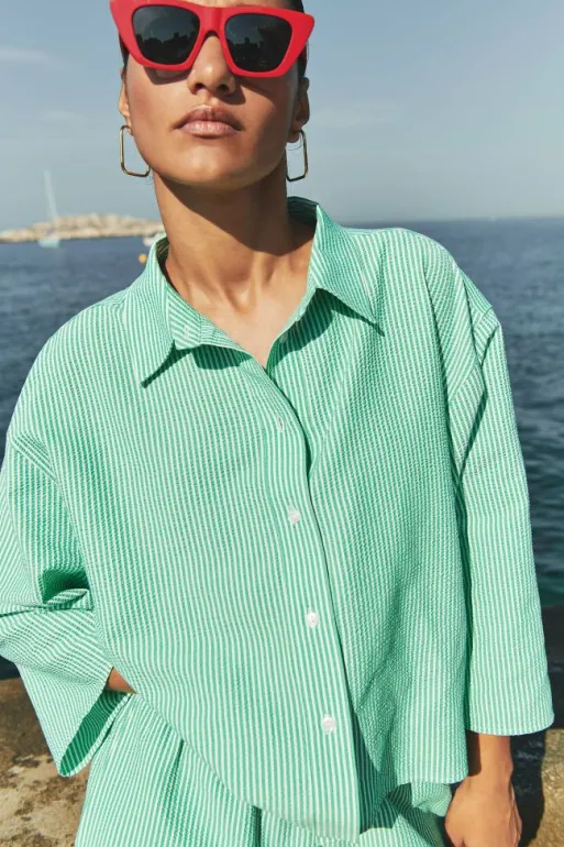 By bar Blouses*bernie blouse | green seer stripe