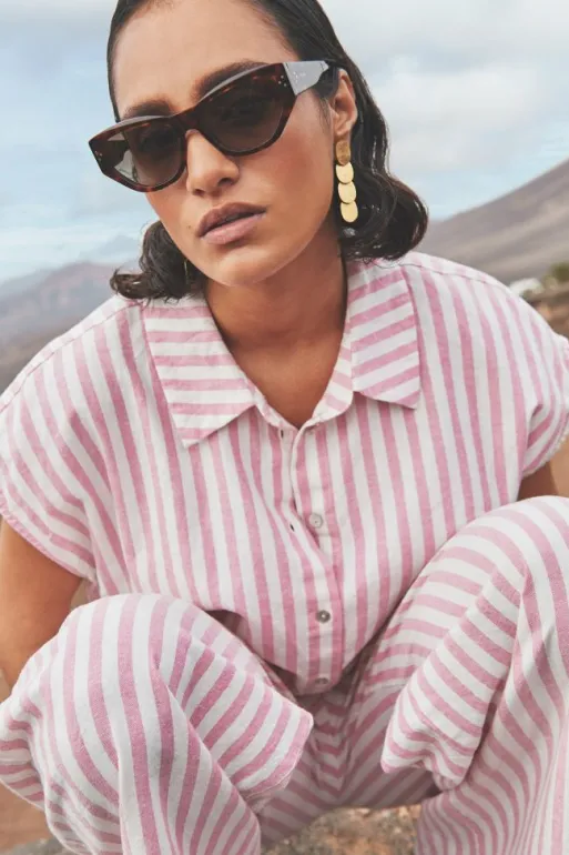 By bar Blouses*bieke linen stripe blouse | bubblegum