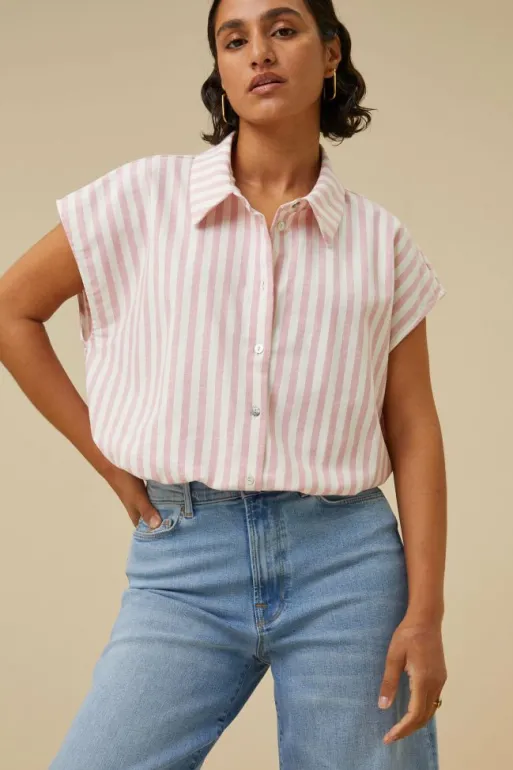 By bar Blouses*bieke linen stripe blouse | bubblegum