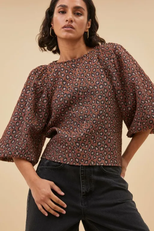 By bar Blouses*zasu jacquard blouse | brown panter print